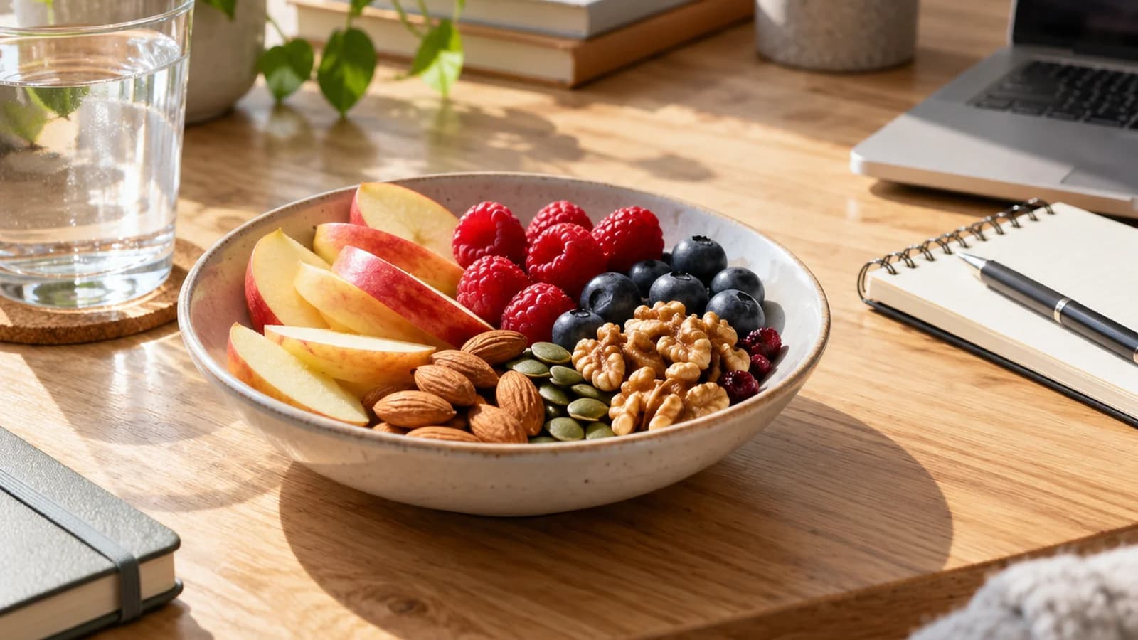Déjeuner composé de légumes, de lentilles, d’un œuf et de pain complet sur une table éclairée par la lumière naturelle, sans texte ni logo