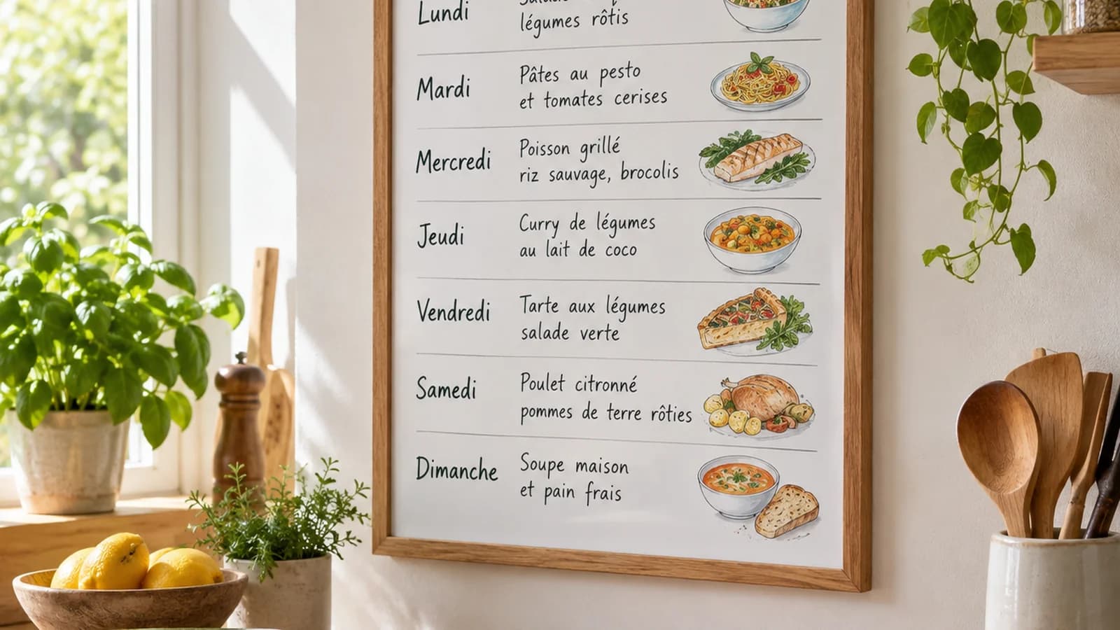 Tableau de menu hebdomadaire posé près de légumes, d’un carnet de courses et d’un plat coloré, lumière naturelle, sans texte ni logo