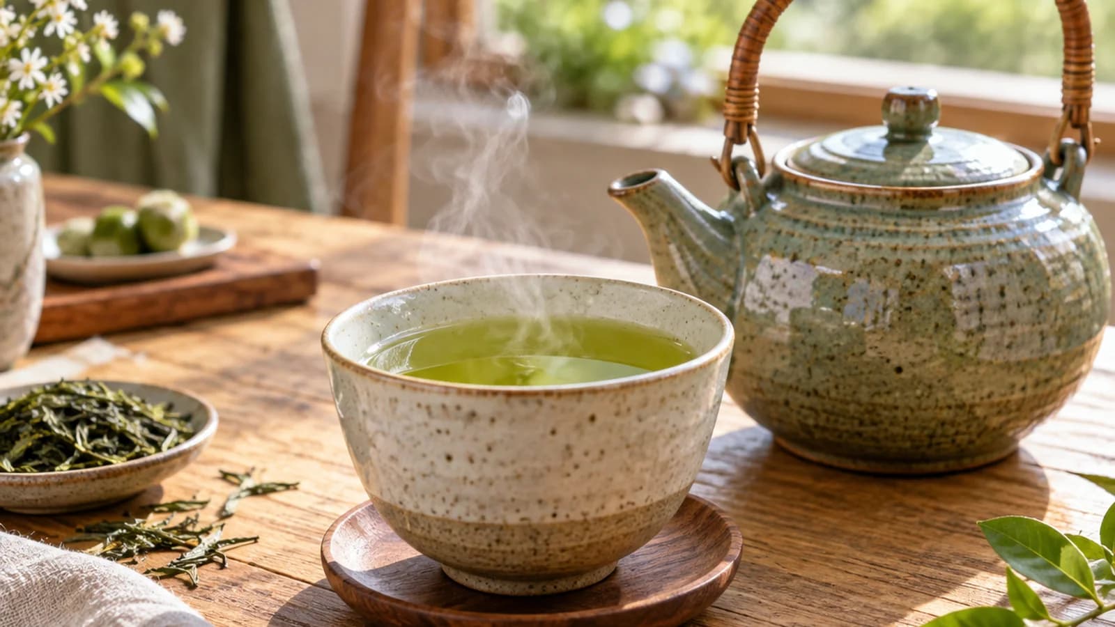 Tasse de thé vert nature avec citron et feuilles fraîches sur une table claire, en lumière naturelle, sans texte ni logo