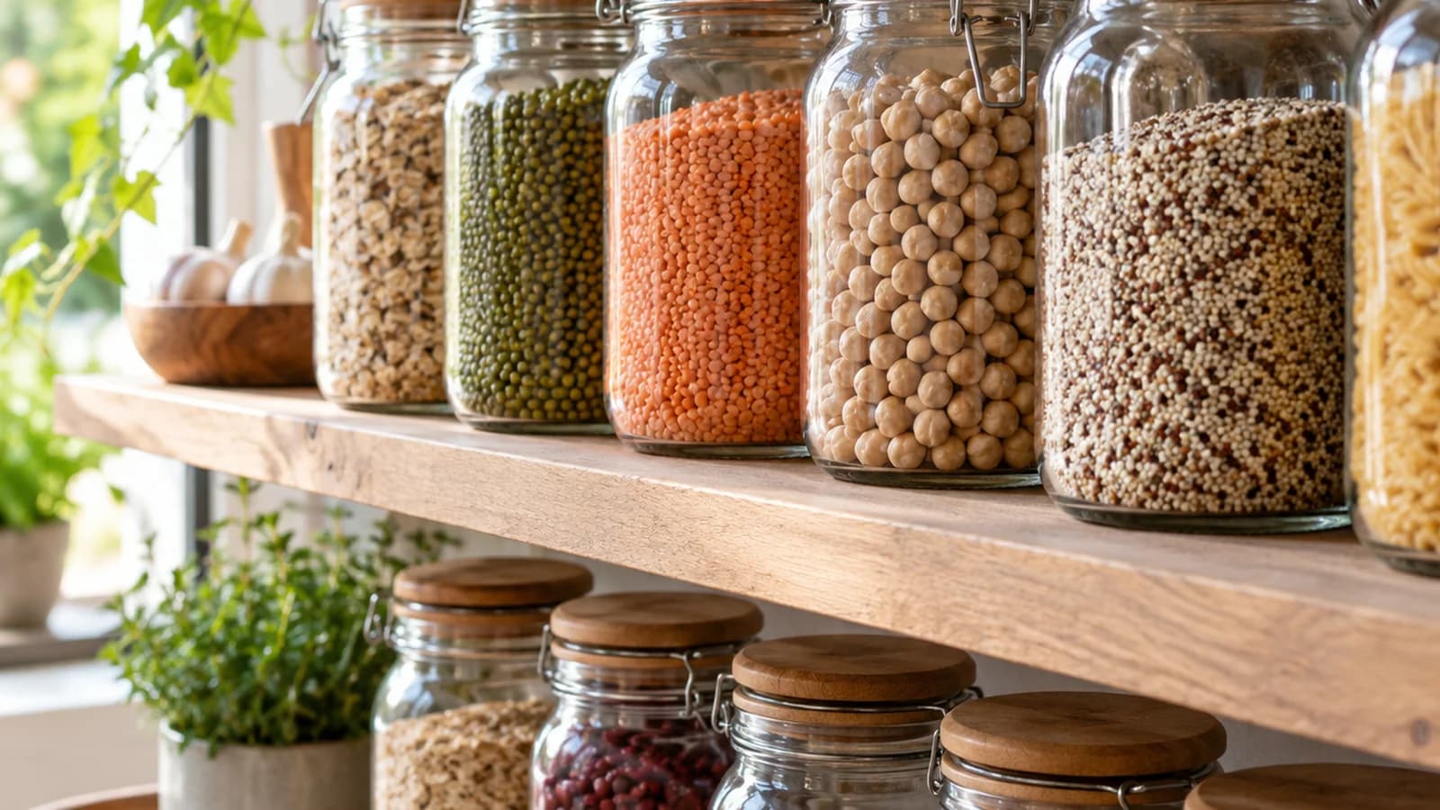 Bocaux transparents de riz, lentilles et pâtes en vrac sur une étagère de cuisine, lumière naturelle, sans texte ni logo