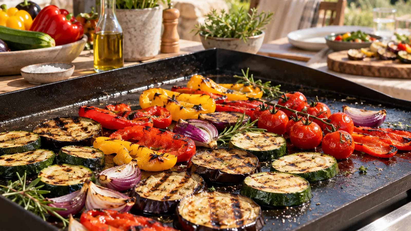 Assiette estivale de tomates, courgettes, poivrons et aubergines grillés, servie avec des herbes fraîches en lumière naturelle, sans texte ni logo