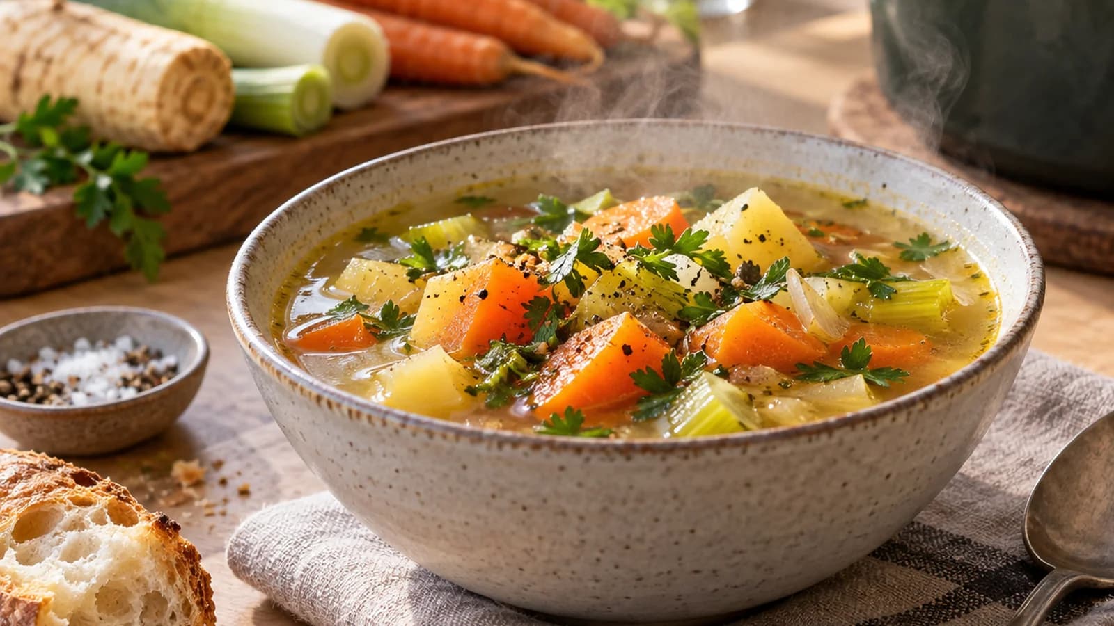 Plat culinaire de légumes d’hiver rôtis, courge, poireaux et panais, servi dans une assiette avec herbes fraîches, lumière naturelle, sans texte ni logo