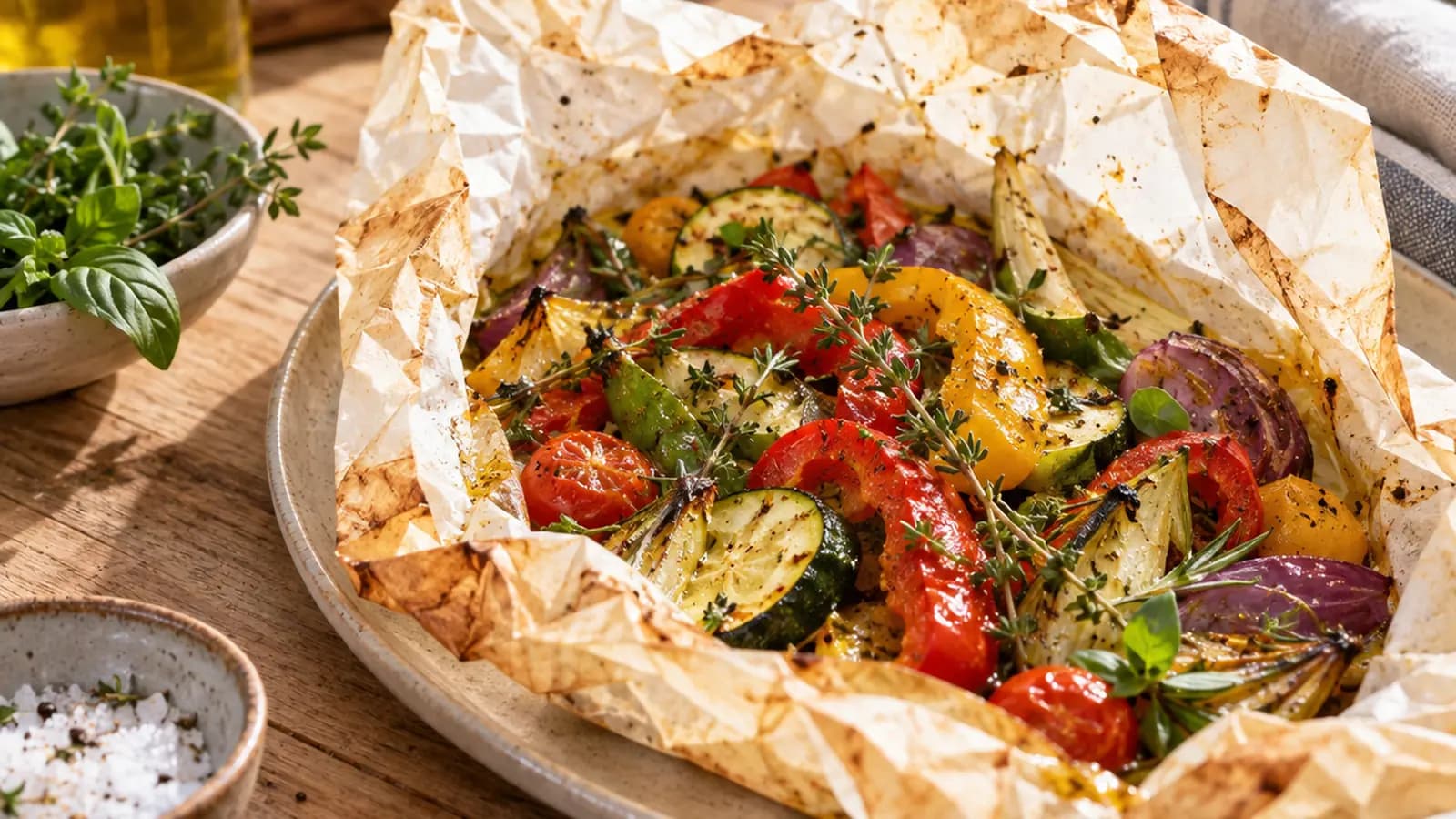Papillote de courgettes, poivrons et tomates aux herbes fraîches sur une table éclairée par la lumière naturelle