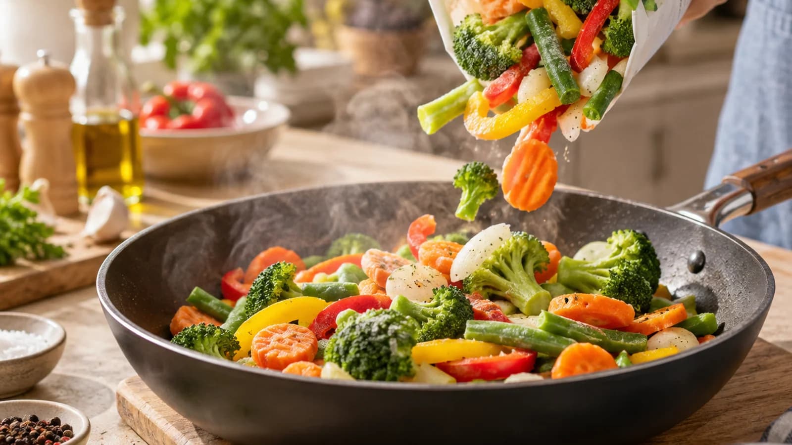 Poêlée colorée de légumes surgelés dans une poêle, servie avec des herbes fraîches sur une table éclairée naturellement
