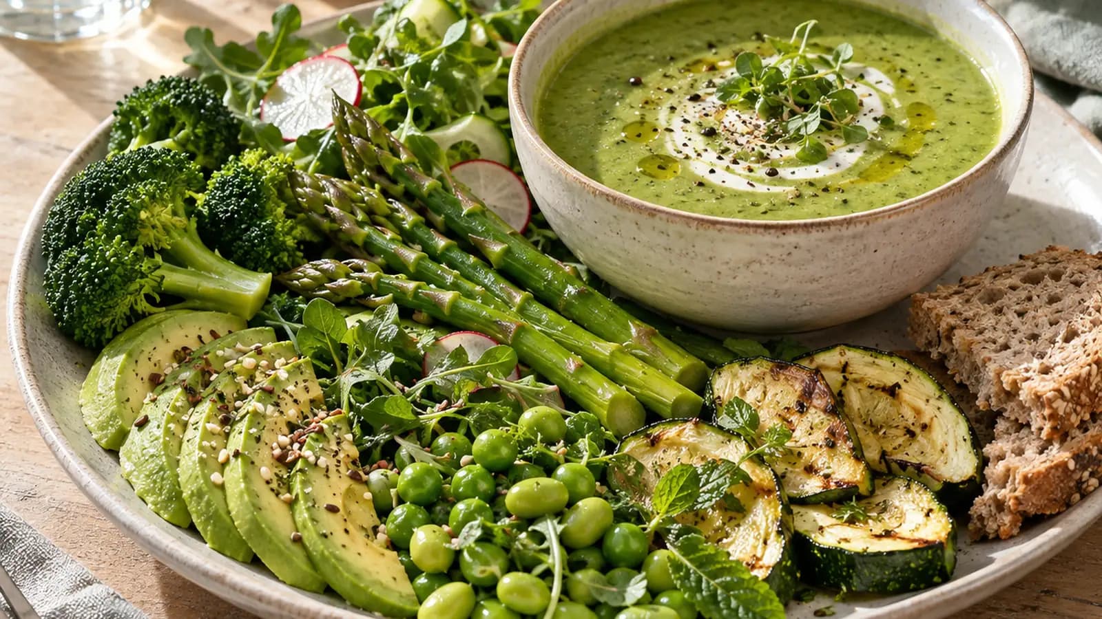 Assiette de semoule, pois chiches, courgettes et carottes en lumière naturelle, sans texte, logo ni visage.