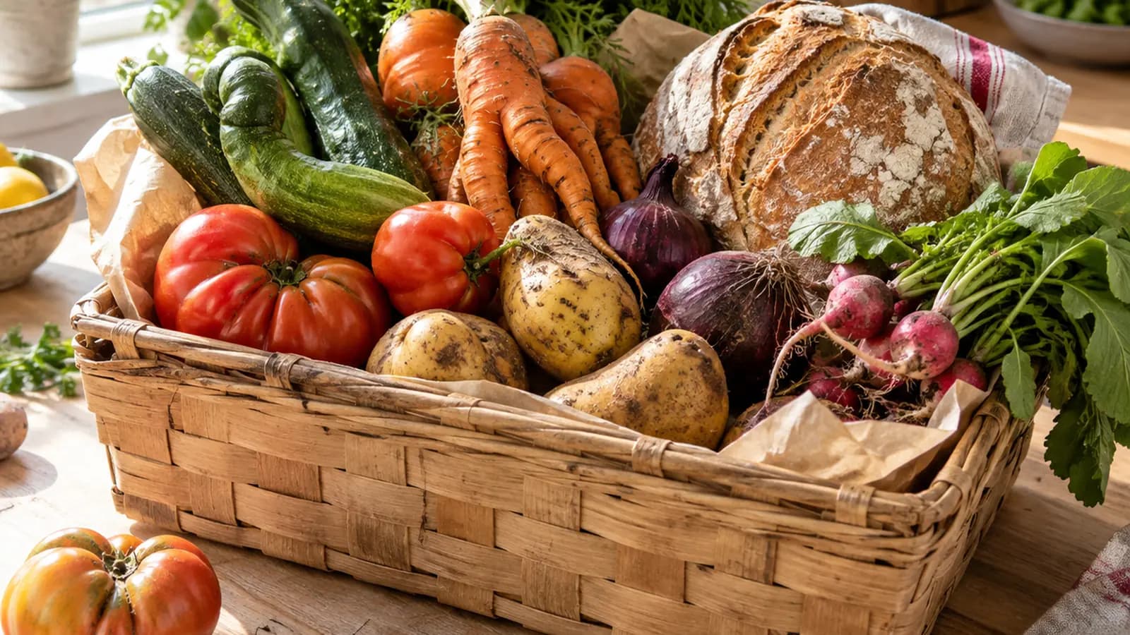 Panier anti-gaspillage avec légumes, pain et produits frais disposé sur une table en bois à la lumière naturelle, sans texte ni logo