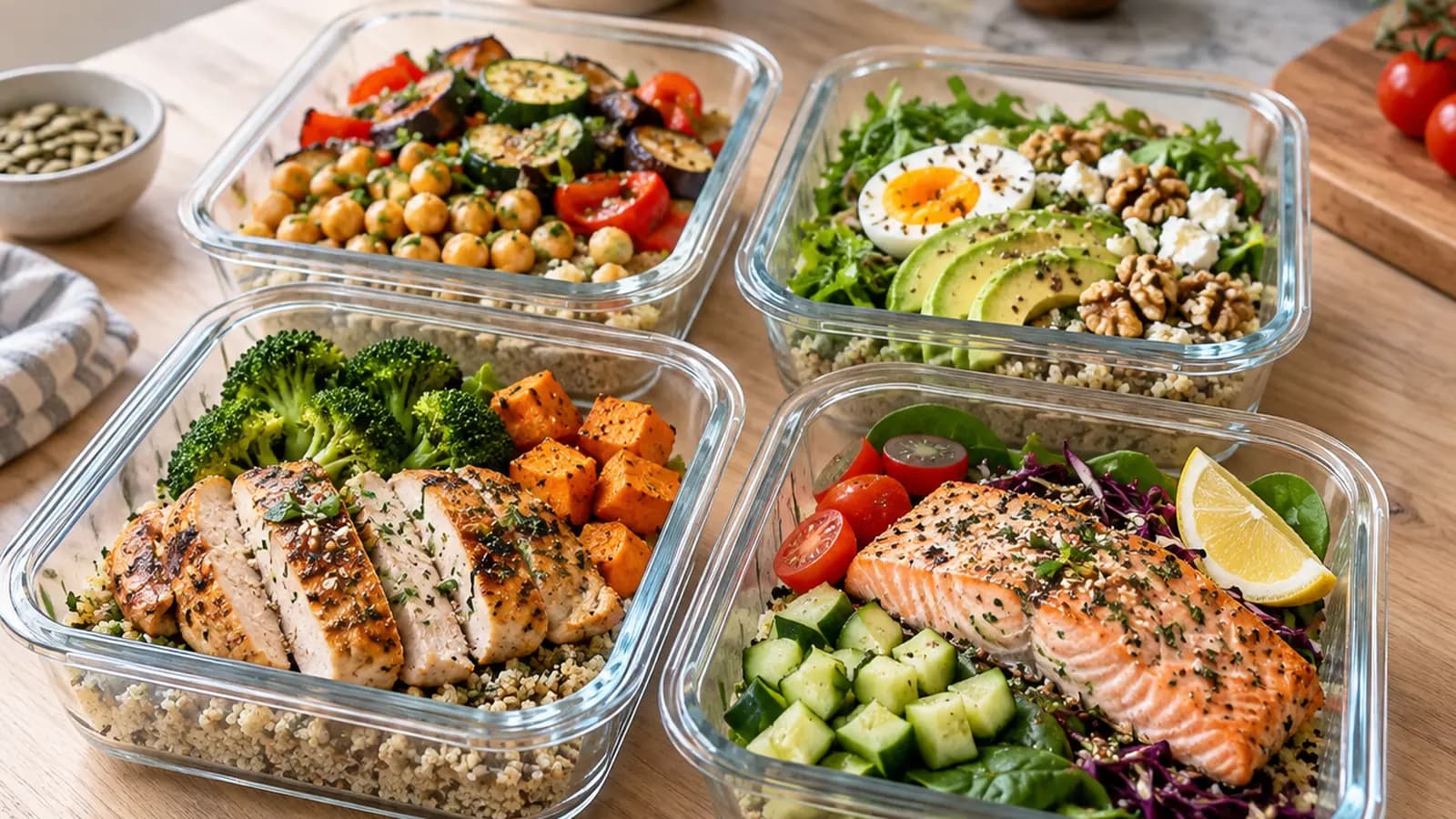 Boîtes en verre, plastique et inox ouvertes sur des repas maison, sur une table en lumière naturelle, sans texte ni logo