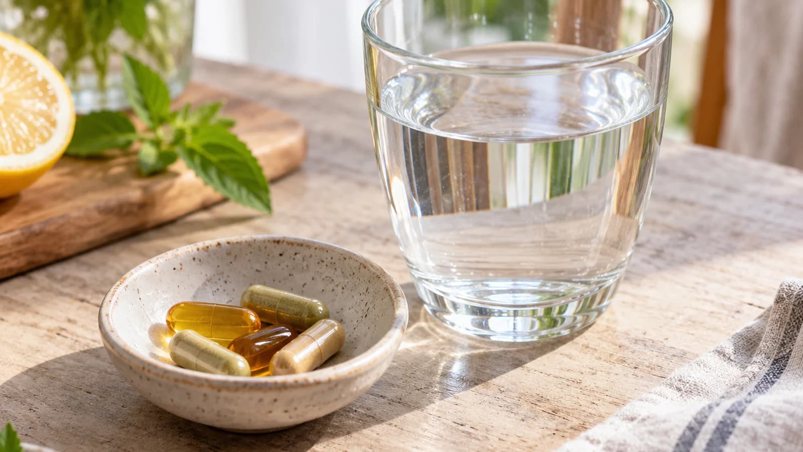 Lentilles, légumes et pain complet sur une table en lumière naturelle, sans texte, sans logo ni visage.
