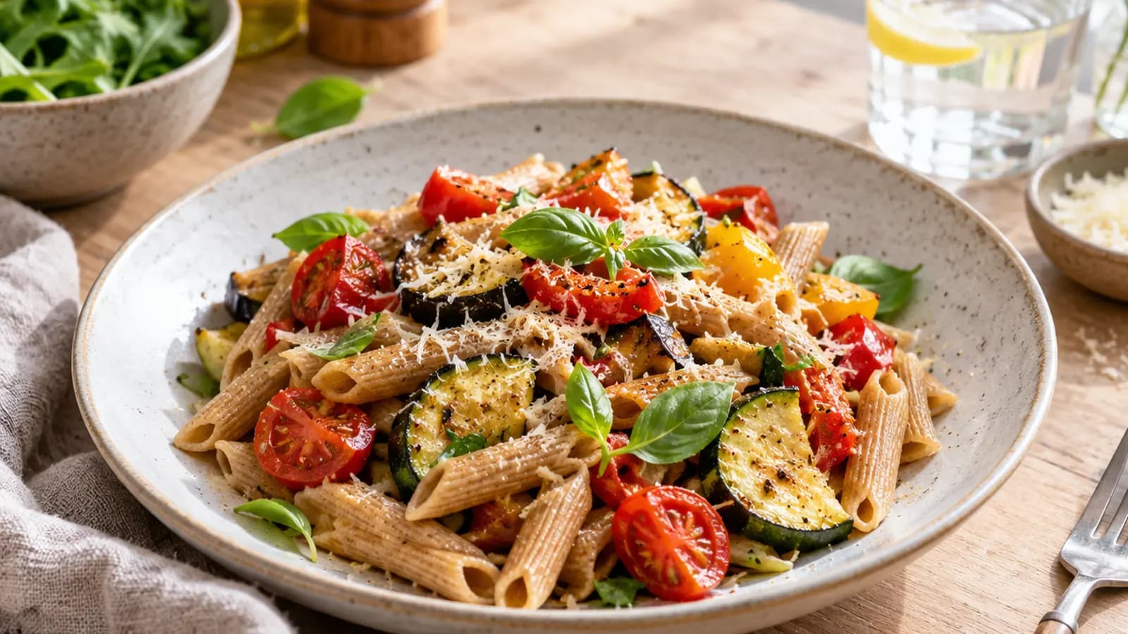 Assiette de riz, légumes colorés et tofu sur une table en bois, en lumière naturelle, sans texte ni logo