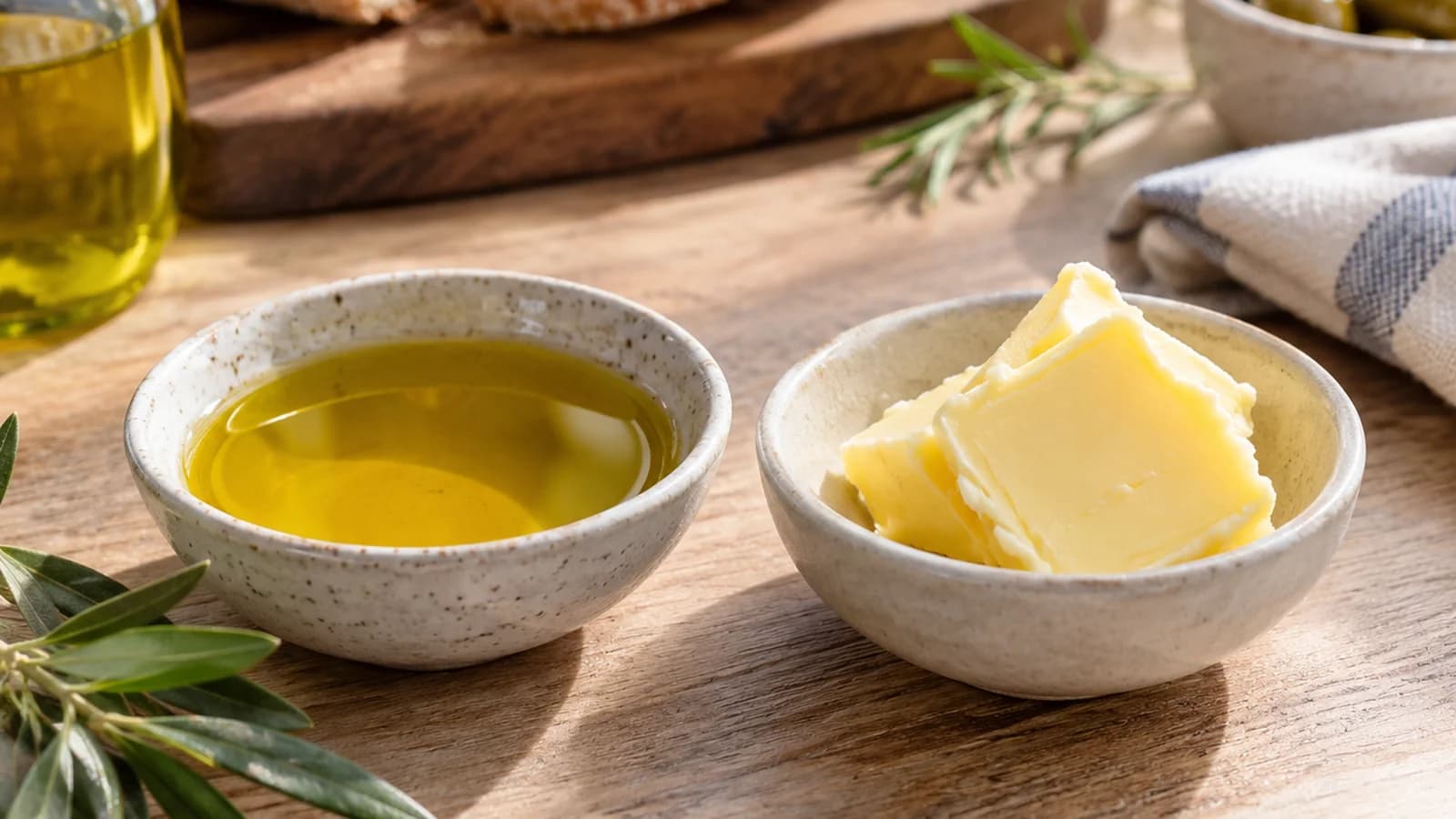 Huile d’olive, noix, avocat et beurre sur une table en lumière naturelle, sans texte ni logo
