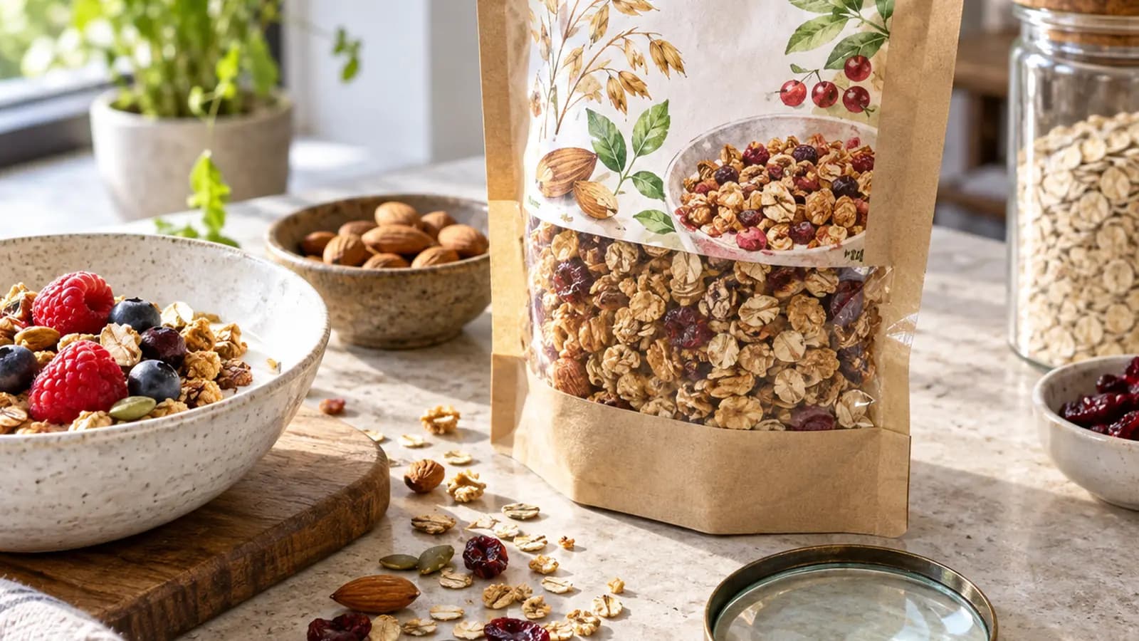 Bol de yaourt nature avec fruits, céréales et étiquettes alimentaires posées sur une table en lumière naturelle, sans texte ni logo