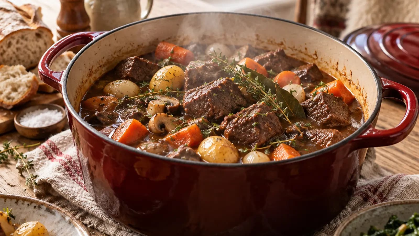Cocotte de plat mijoté aux légumes d’hiver, servie avec du pain complet sur une table éclairée par la lumière naturelle, sans texte ni logo
