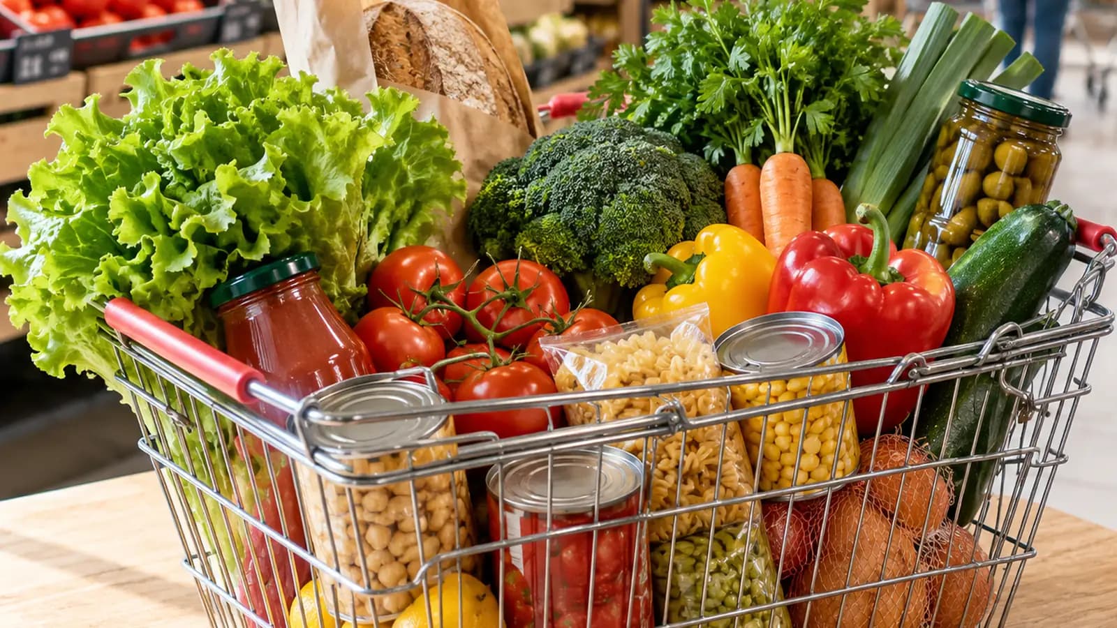 Sac de courses avec légumes, conserves et produits du quotidien posé sur une table en bois, lumière naturelle, sans texte ni logo