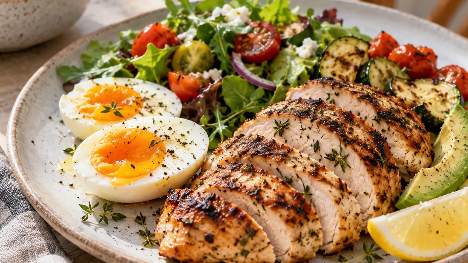 Assiette de lentilles, œuf et légumes avec du pain complet, en lumière naturelle, sans texte ni logo
