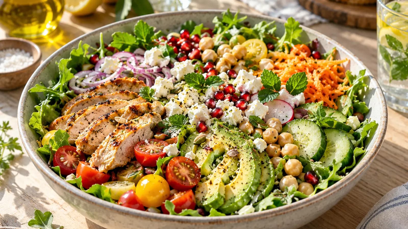 Salade complète de saison avec légumes colorés, céréales, œuf, herbes fraîches et vinaigrette, photographiée en lumière naturelle sans texte ni logo