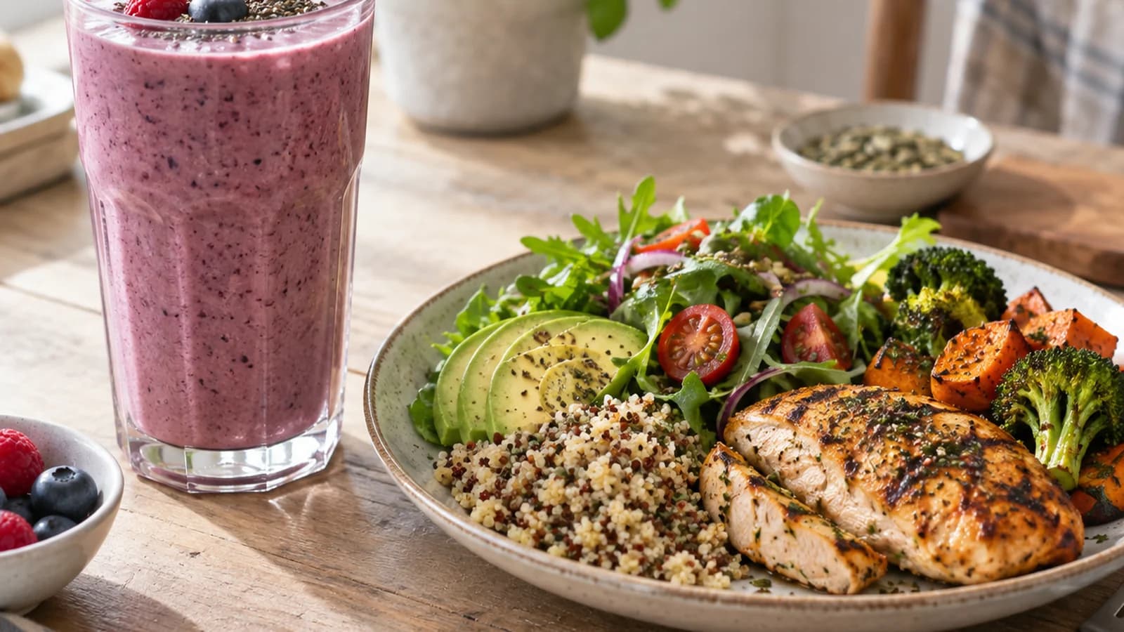 Verre de shake repas près d’un bol de fruits et d’un repas équilibré, en lumière naturelle, sans texte ni logo