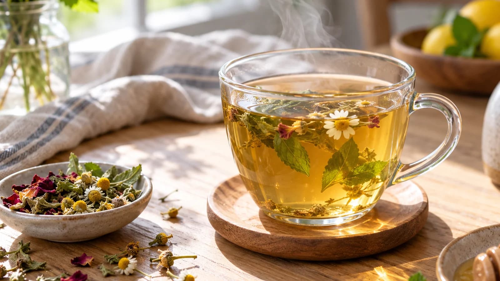 Tasse de tisane aux plantes sur une table en bois, avec quelques feuilles et une carafe d’eau, en lumière naturelle, sans texte ni logo