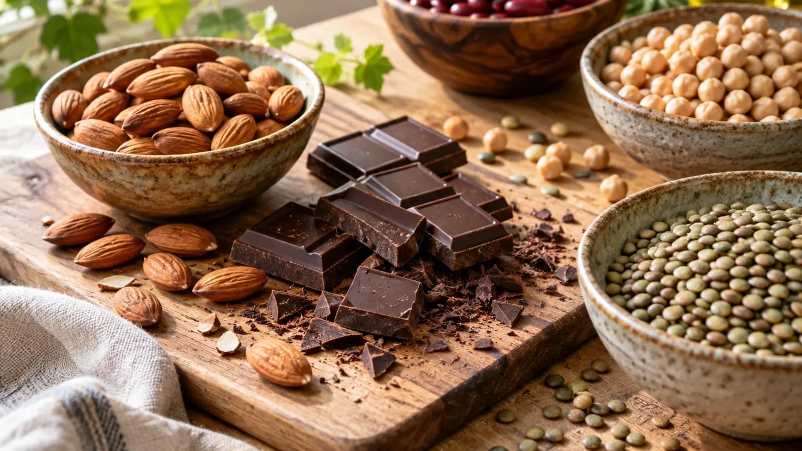 Bol de lentilles, noix, graines et carrés de chocolat noir sur une table en bois, lumière naturelle, sans texte ni logo