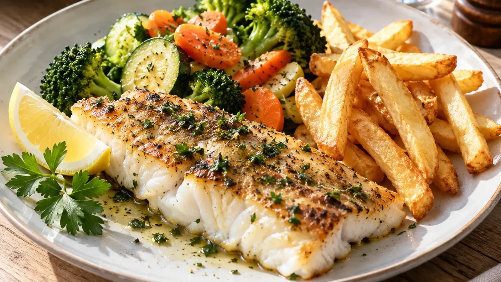 Table de brasserie française avec entrecôte-frites, poisson aux légumes, sauce à part et dessert aux fruits, lumière naturelle, sans texte ni logo