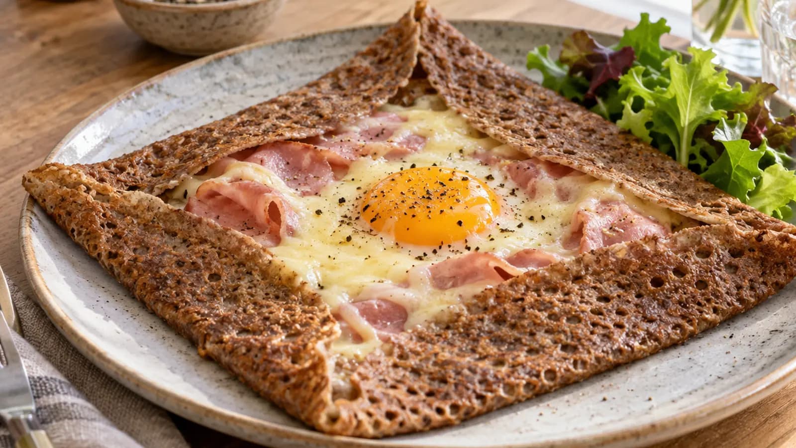 Table de crêperie éclairée par la lumière naturelle avec une galette salée, une crêpe aux pommes et un verre de cidre, sans texte ni logo