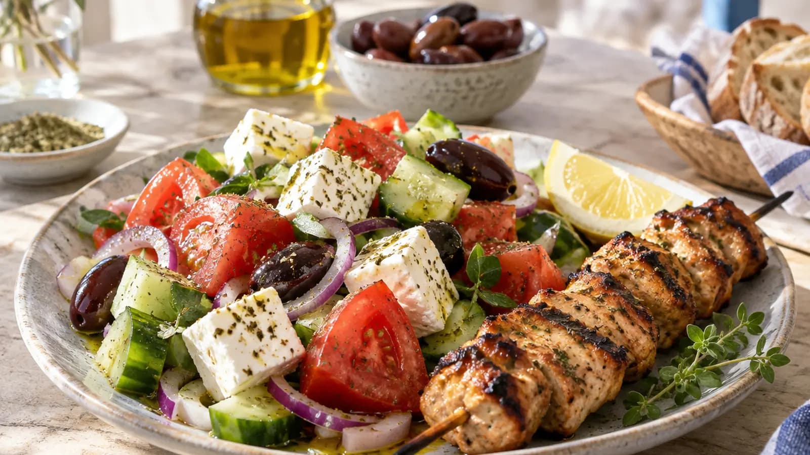 Table de taverne grecque avec moussaka, tzatziki, salade grecque, souvlaki et pain pita à la lumière naturelle, sans texte ni logo