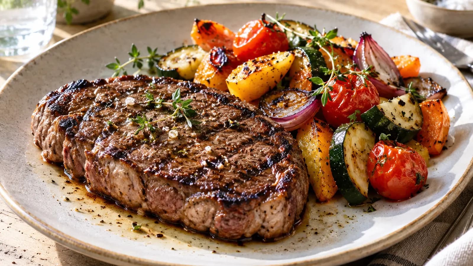 Assiette de steak grillé avec légumes rôtis et petite portion de pommes de terre, photographiée en lumière naturelle, sans texte ni logo