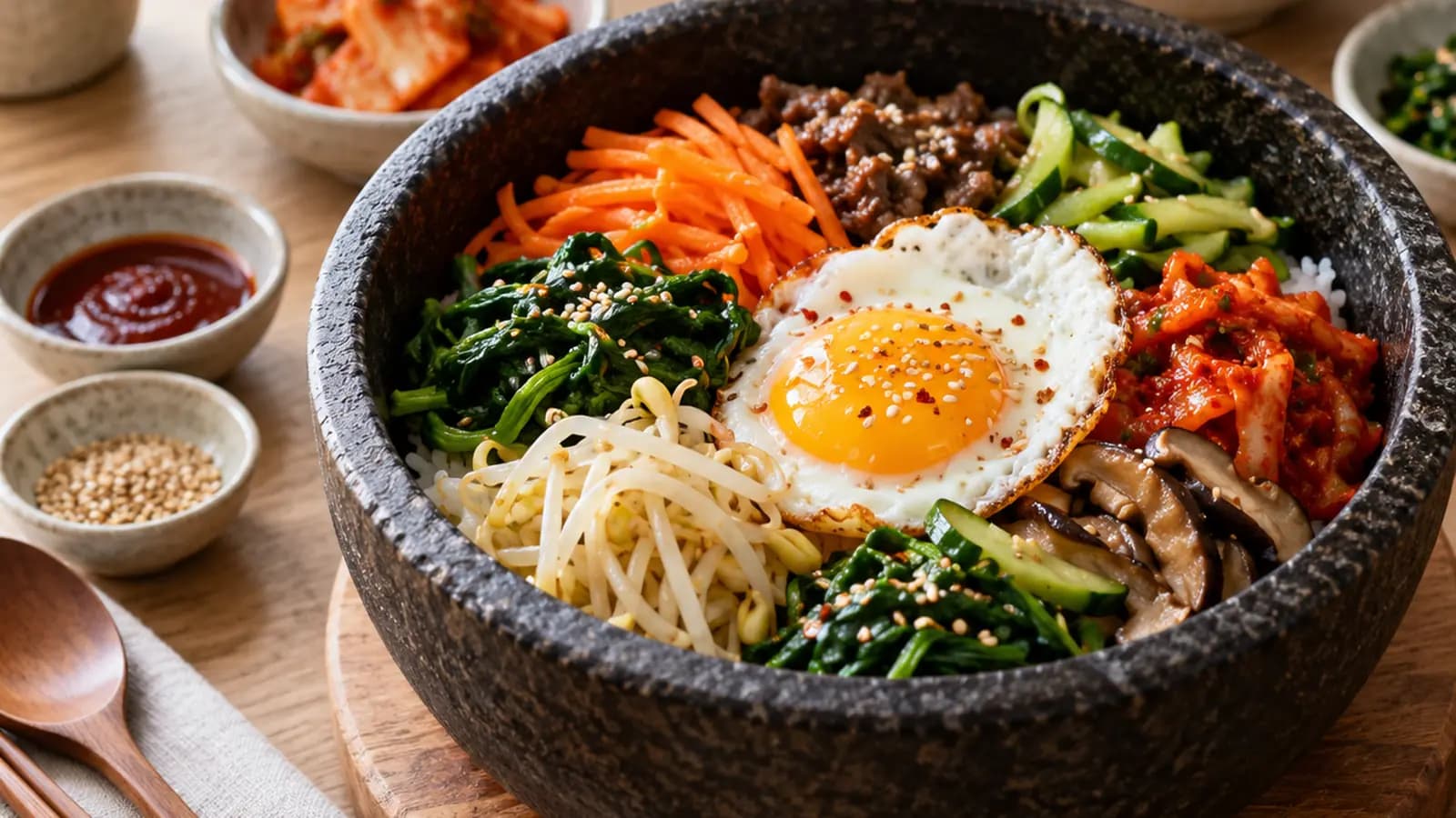 Bibimbap coloré avec riz, légumes variés, œuf et petite coupelle de gochujang sur une table en lumière naturelle