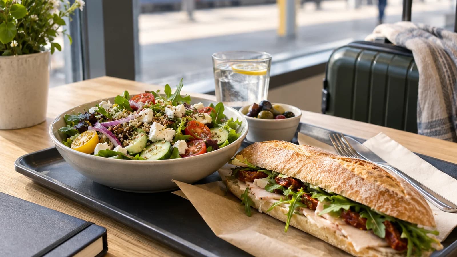 Sandwich aux crudités, pomme et bouteille d’eau sur une table près d’une baie vitrée, en lumière naturelle, sans texte ni logo.