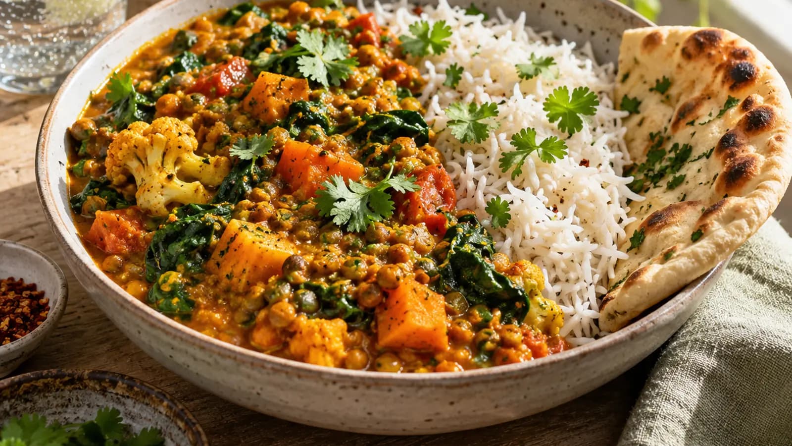 Table de restaurant indien avec curry de légumes à la tomate, riz basmati et naan partagé, lumière naturelle, sans texte ni logo