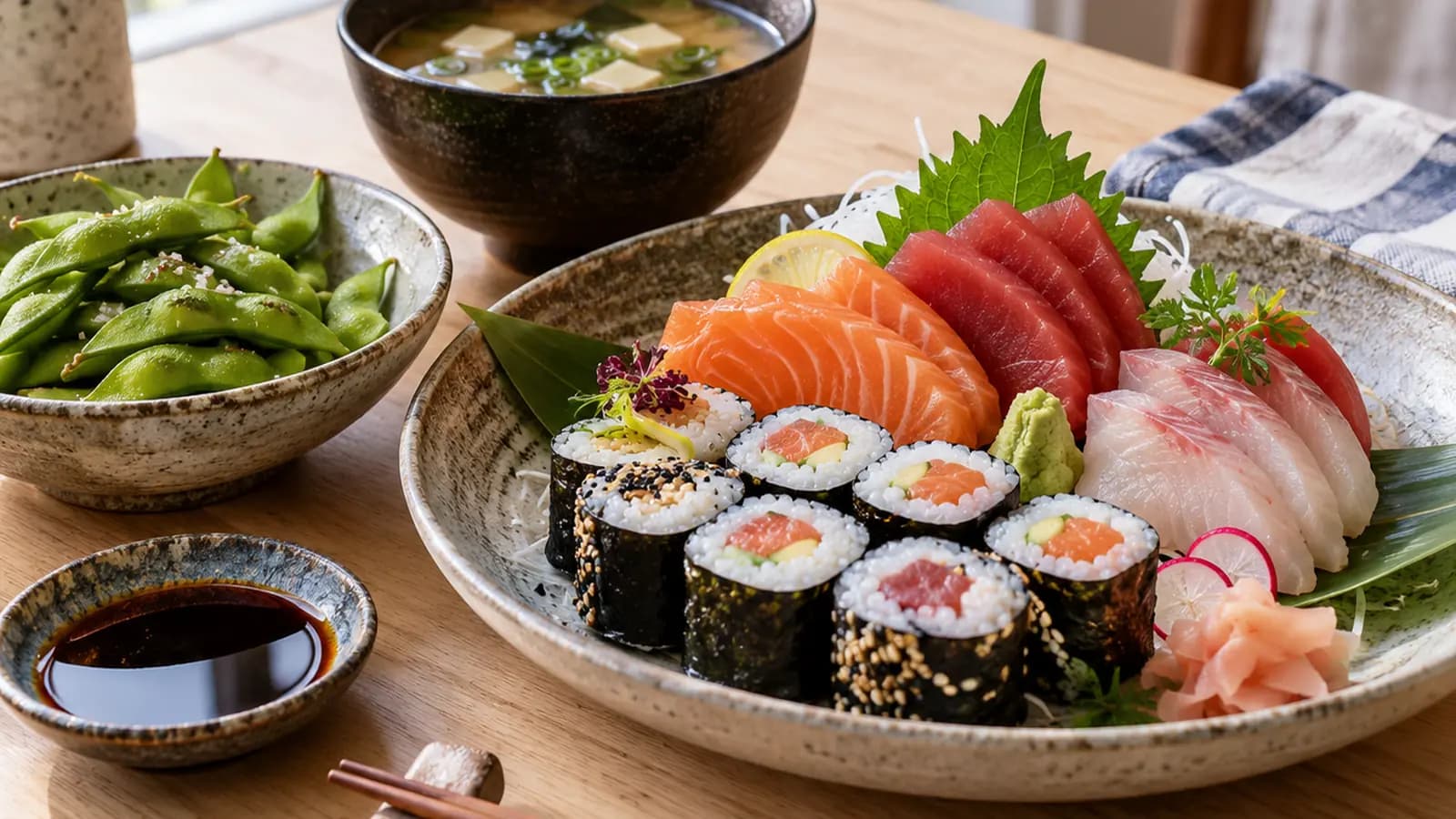 Plateau japonais avec sushis, sashimis, légumes et petite coupelle de sauce soja sur une table éclairée par la lumière naturelle