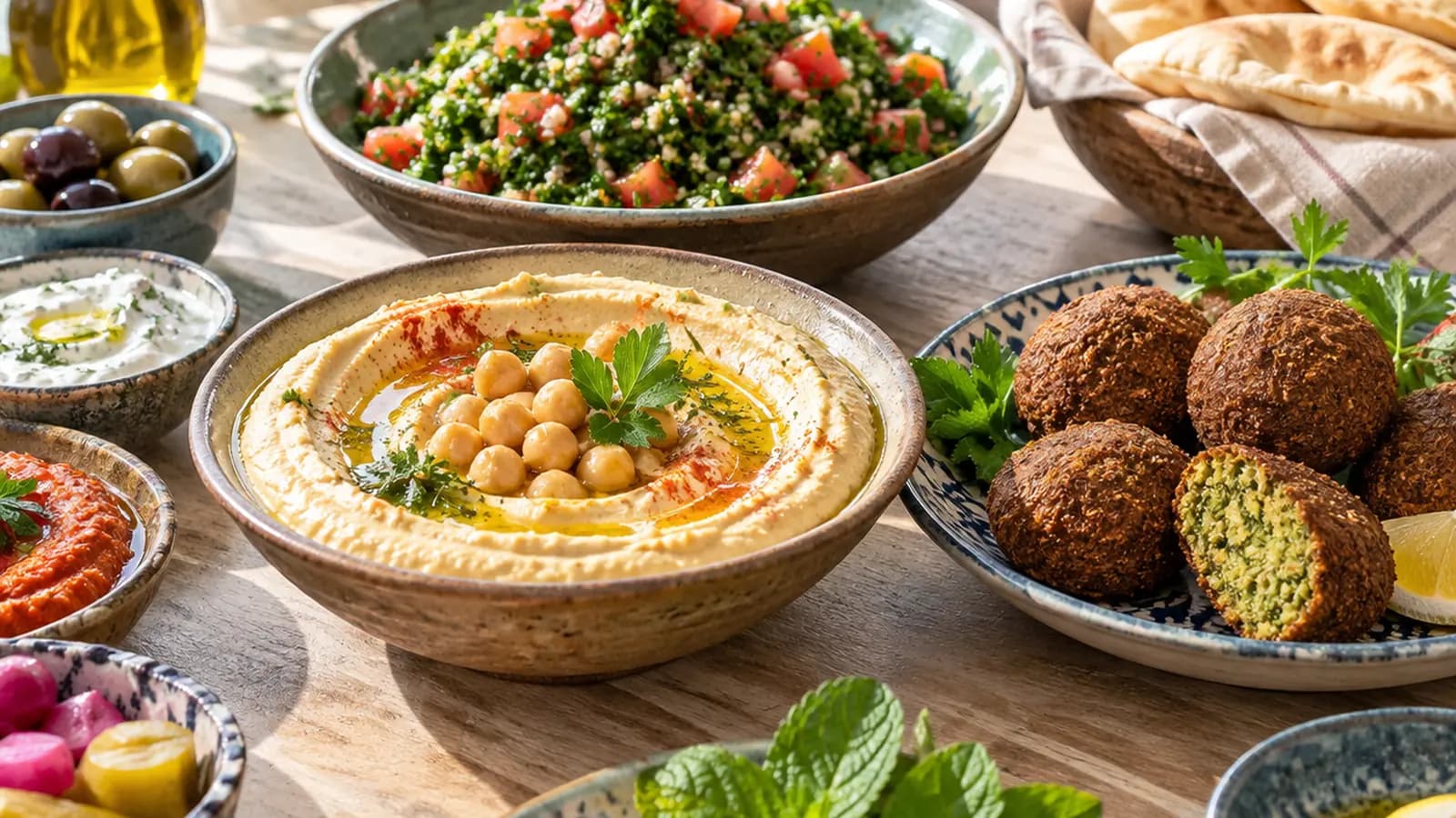 Table de mezze libanais avec houmous, taboulé, falafels, crudités et brochettes grillées à la lumière naturelle
