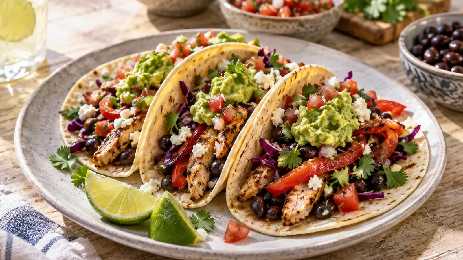 Bowl mexicain avec riz, haricots, poulet, légumes colorés, salsa et petite portion de guacamole, en lumière naturelle, sans texte ni logo
