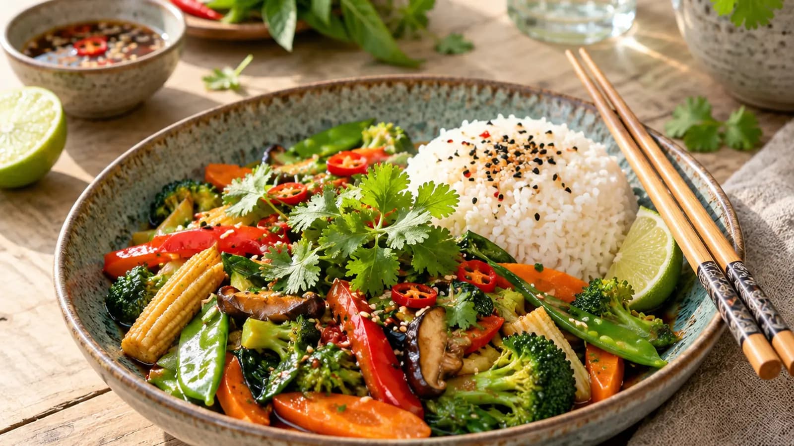 Table de restaurant thaï avec un wok de légumes, un curry au lait de coco et une salade som tam sous une lumière naturelle, sans texte ni logo