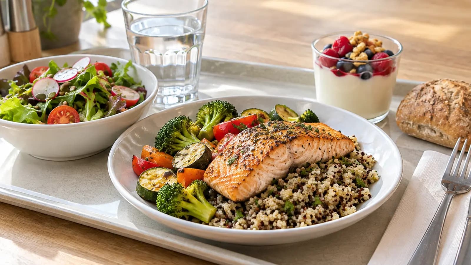 Plateau de restaurant universitaire avec crudités, poisson, légumes, riz et fruit, posé sur une table en lumière naturelle sans texte ni logo