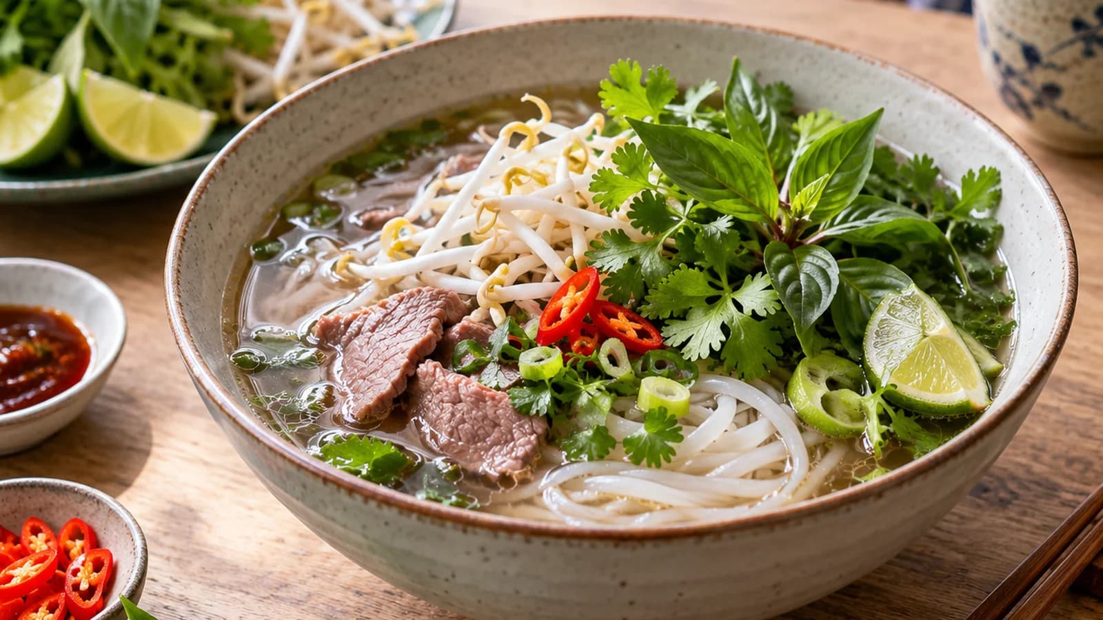 Pho et bo bun avec nouilles de riz, crudités, herbes et sauce à part, sur une table en lumière naturelle, sans texte ni logo