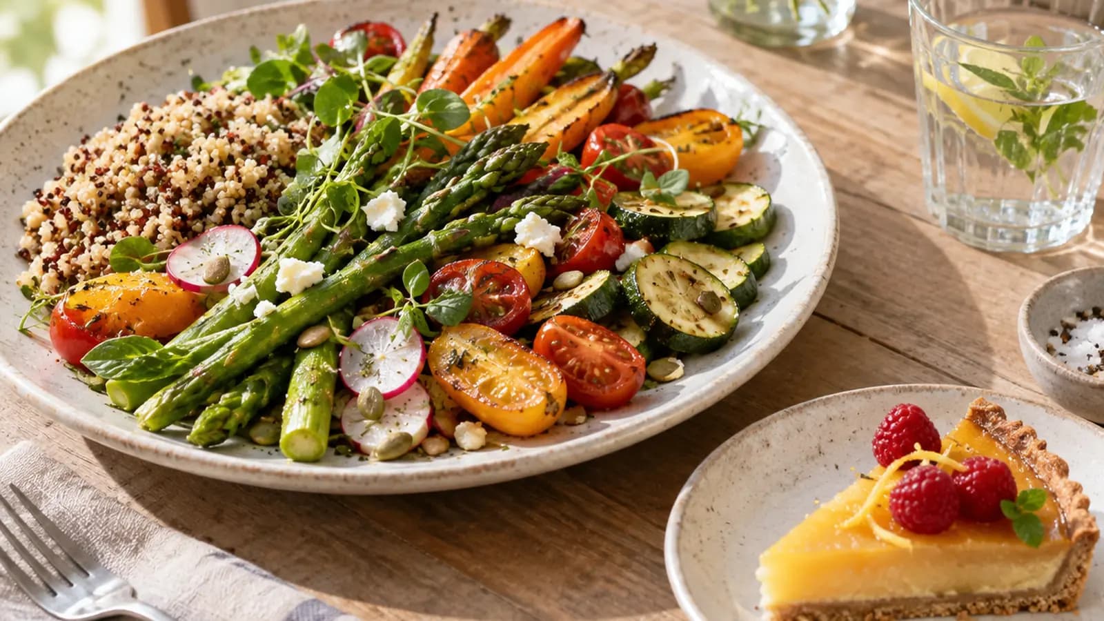 Assiette de courgettes rôties, pois chiches et semoule, sauce au yaourt à côté, en lumière naturelle, sans texte ni logo