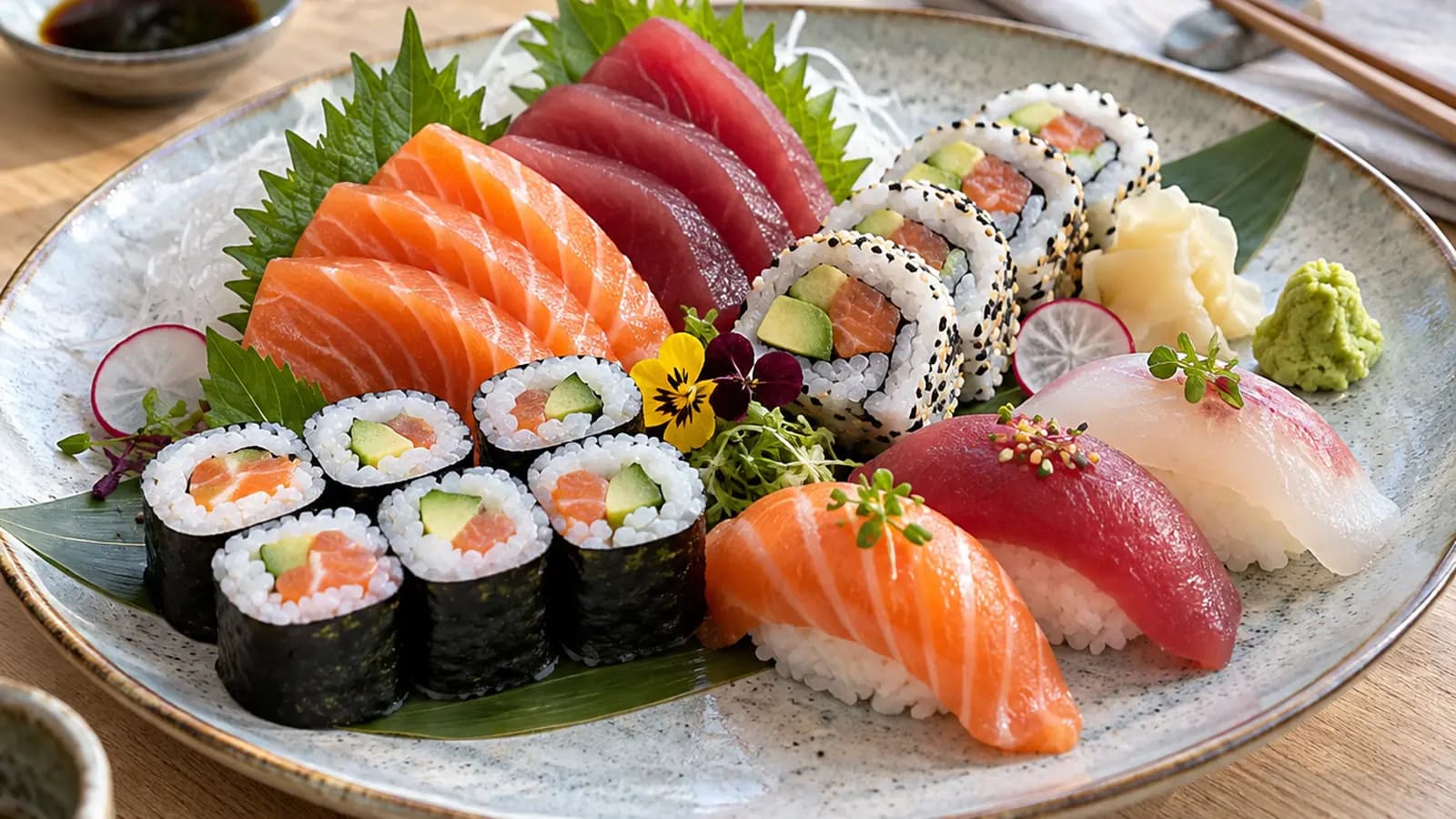 Assiette de sushis variés avec sashimi, makis simples et quelques makis croustillants sur une table éclairée par la lumière naturelle