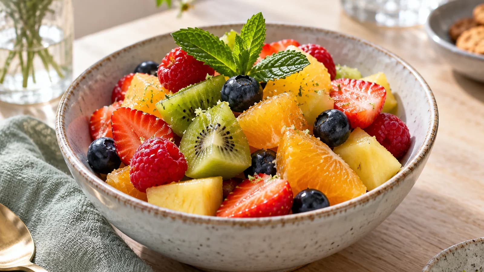 Assiette de quartiers de poire et de fraises servie en dessert sur une table en bois, lumière naturelle, sans texte ni logo