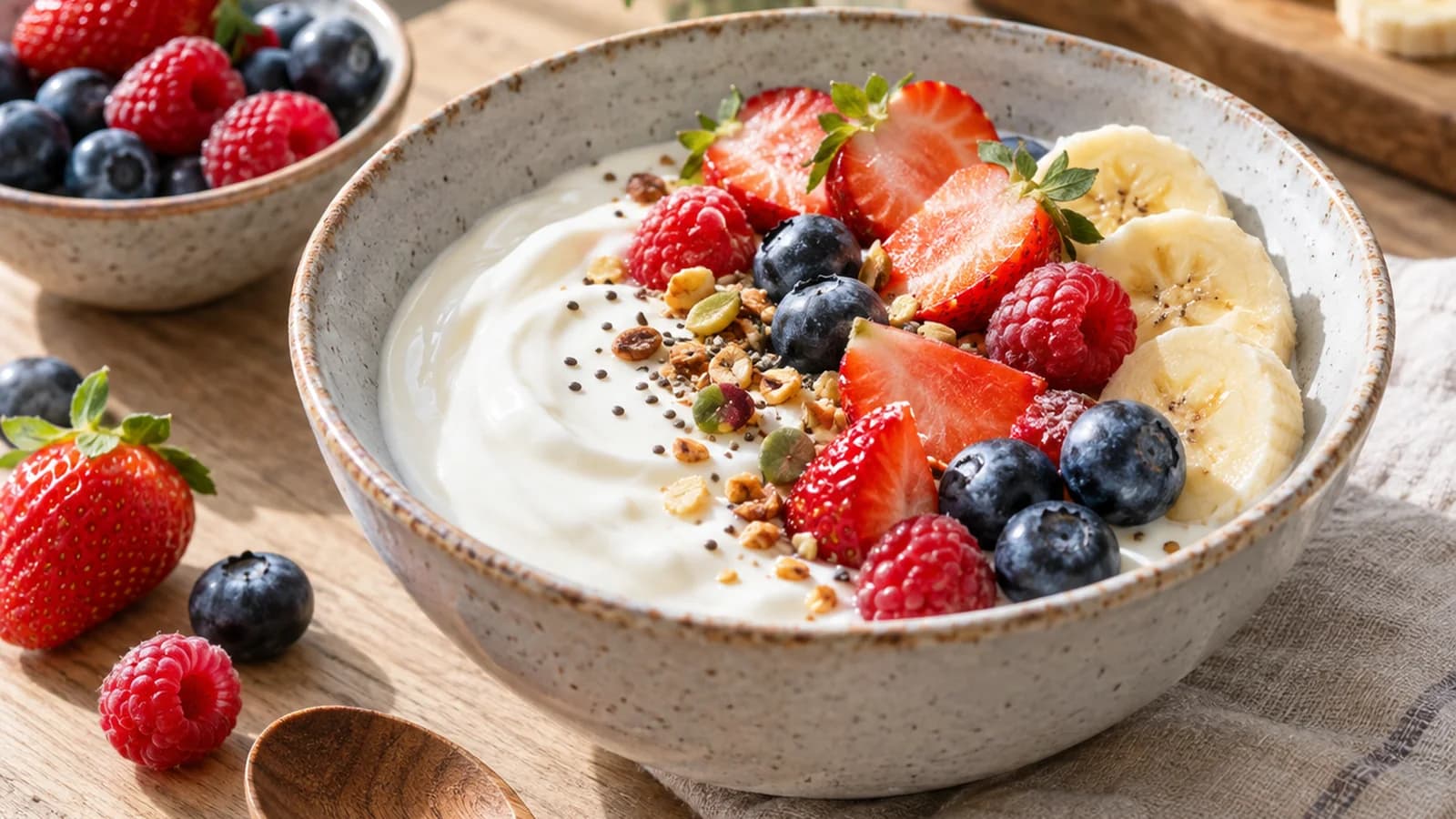 Bol de yaourt nature, flocons d’avoine, fruits rouges et amandes sur une table en lumière naturelle, sans texte ni logo