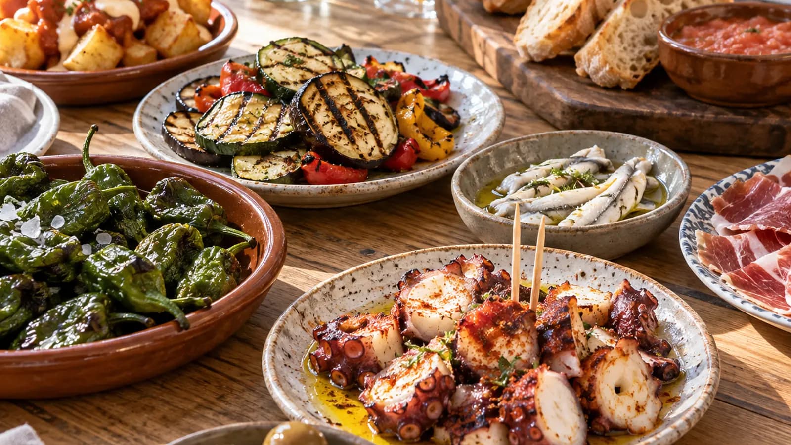 Table de tapas espagnoles variées avec légumes grillés, brochettes, pommes de terre et fritures, servies en petites assiettes à la lumière naturelle