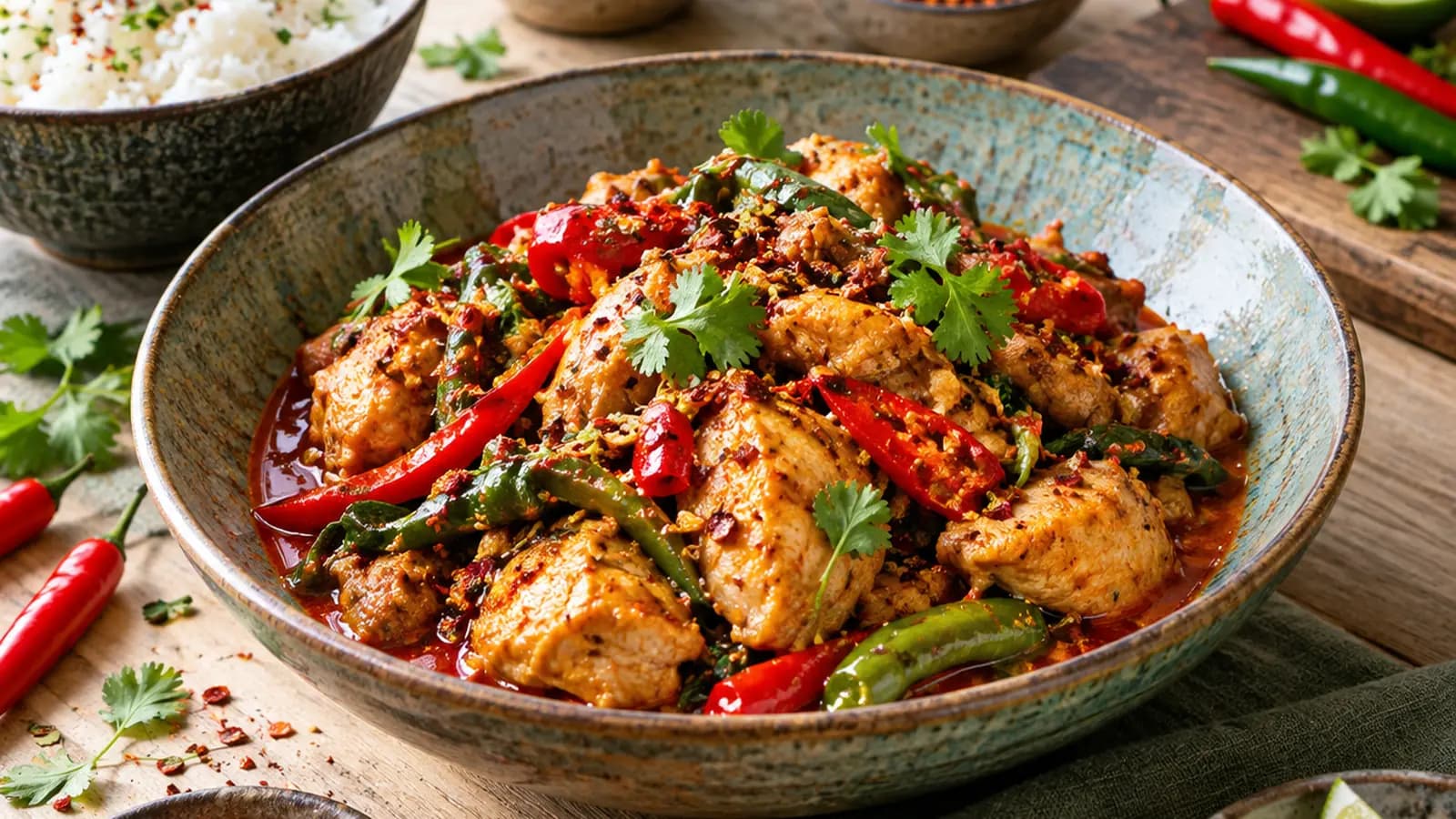 Bol de riz, haricots rouges et poivrons avec piment émincé, photographié en lumière naturelle, sans texte ni logo