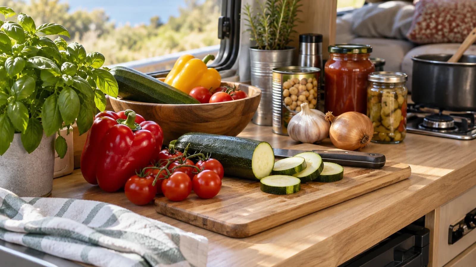 Table de camping-car avec une salade de semoule, des légumes frais, des œufs et des bocaux, lumière naturelle, sans texte ni logo