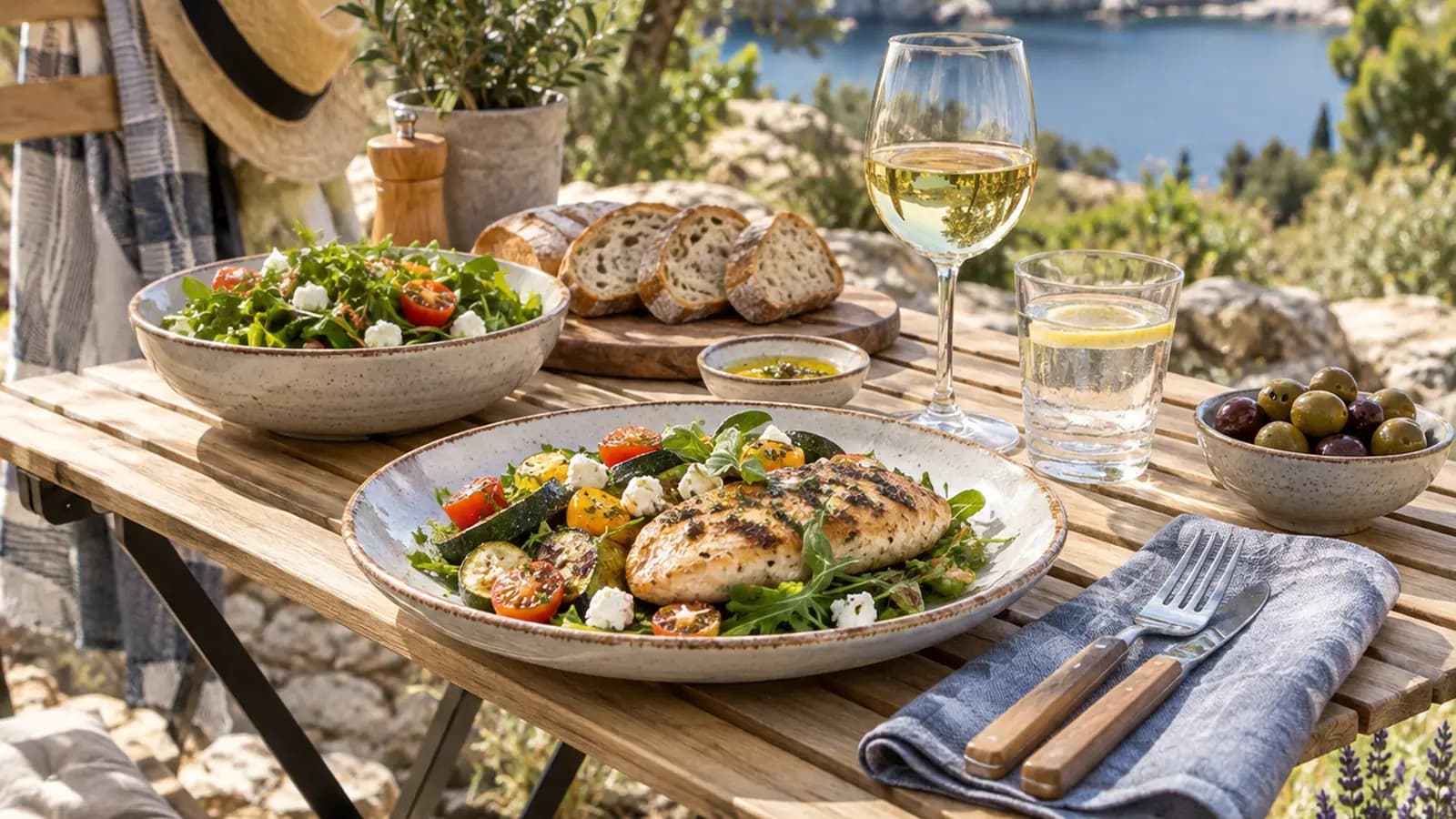 Table de camping avec semoule, pois chiches, fruits secs, noix et compote, en lumière naturelle, sans texte ni logo