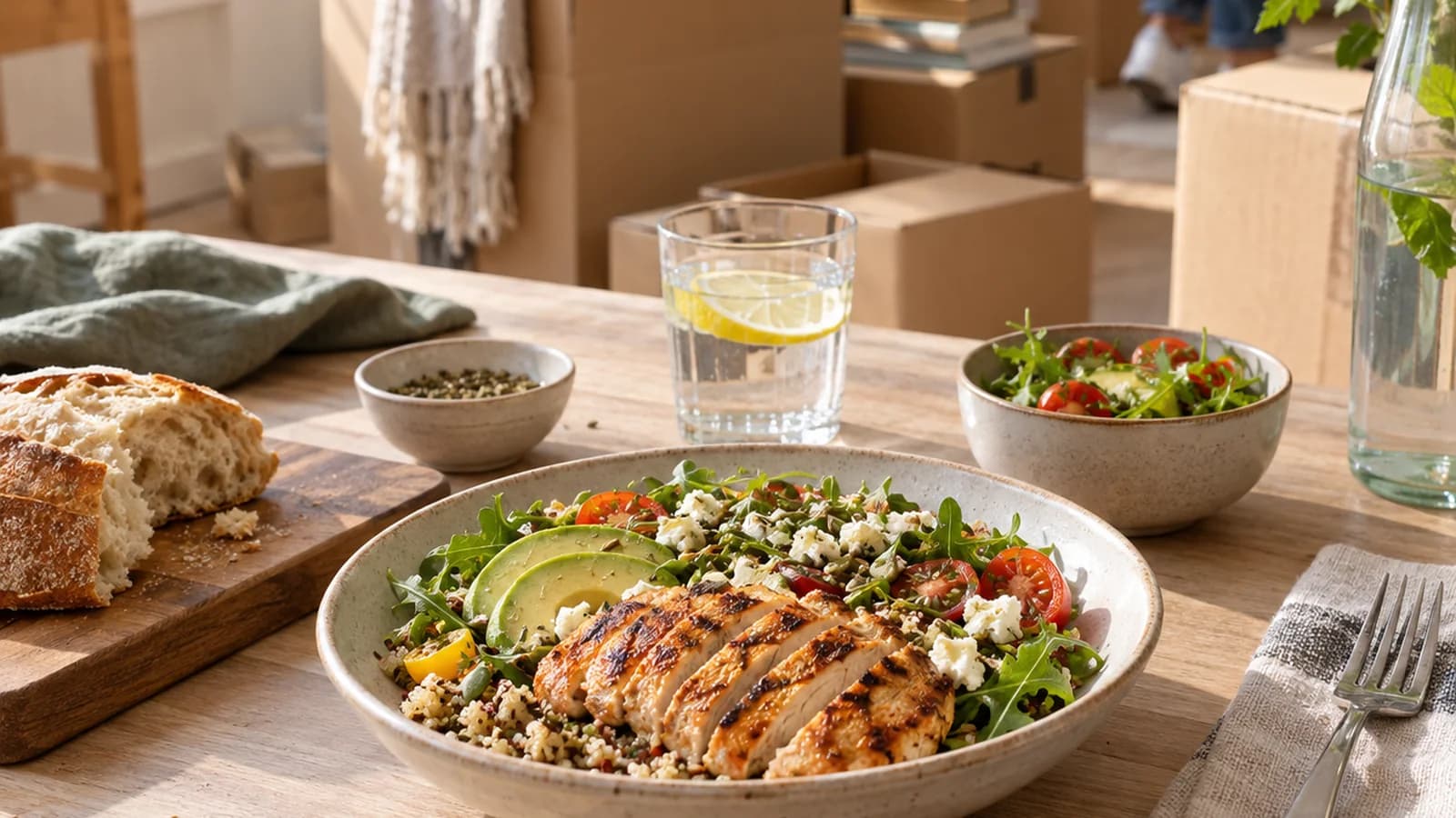 Table de déménagement avec wraps, salade de lentilles, fruits, yaourts et gourde, lumière naturelle, sans texte ni logo