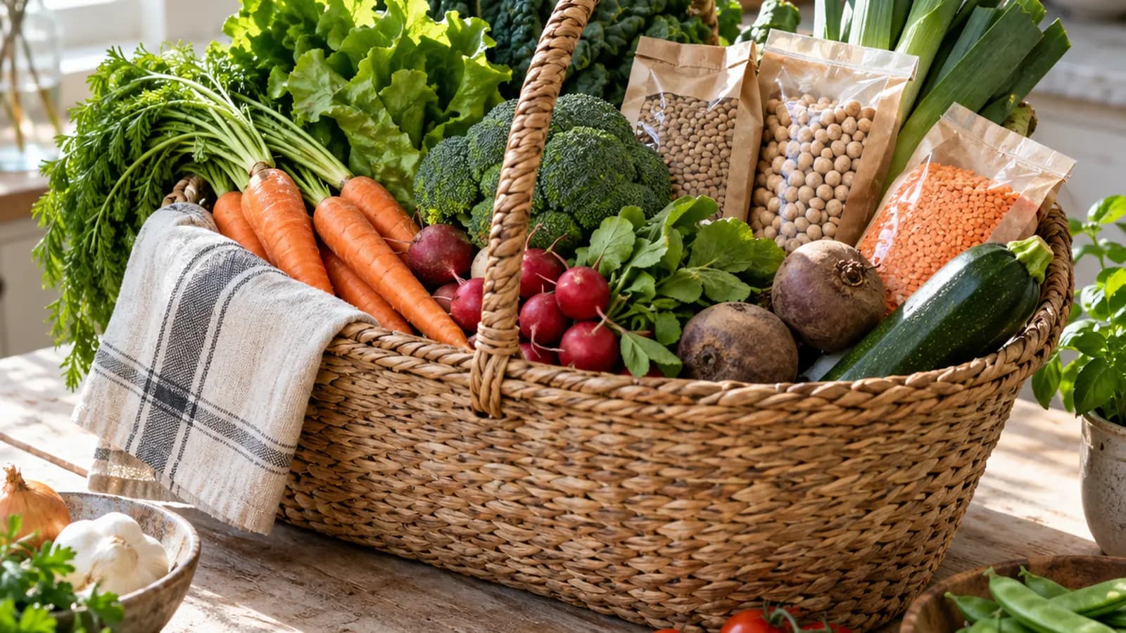 Table de cuisine éclairée par la lumière naturelle avec une poêlée de légumes, des lentilles, du riz et des herbes fraîches, sans texte ni logo