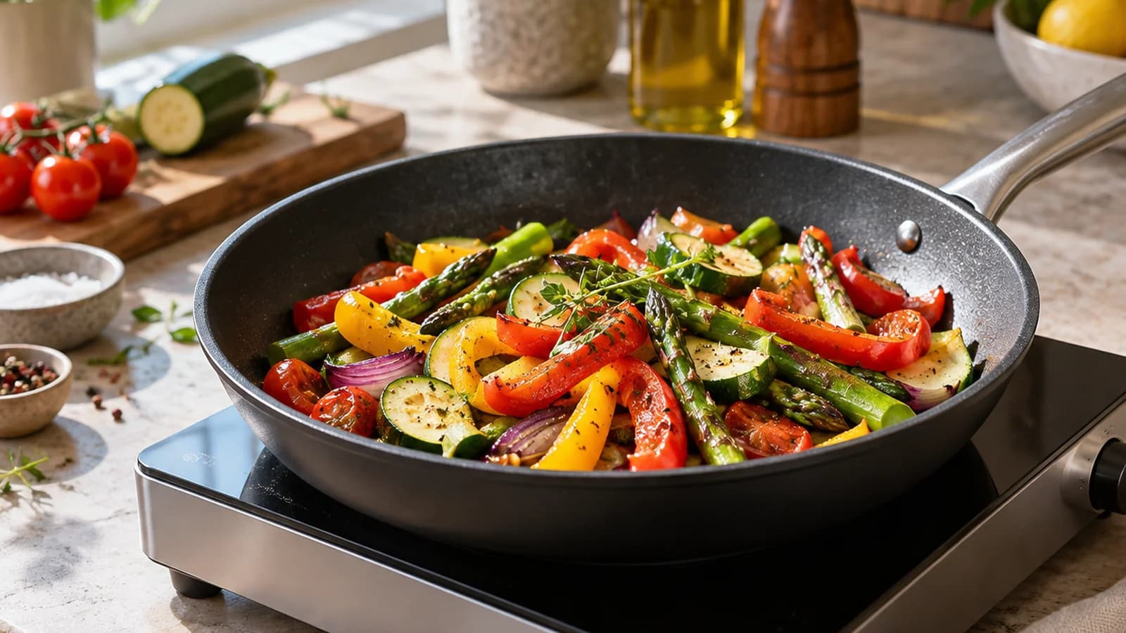 Bol composé de riz, légumes colorés, pois chiches et herbes fraîches sur une table éclairée par la lumière naturelle