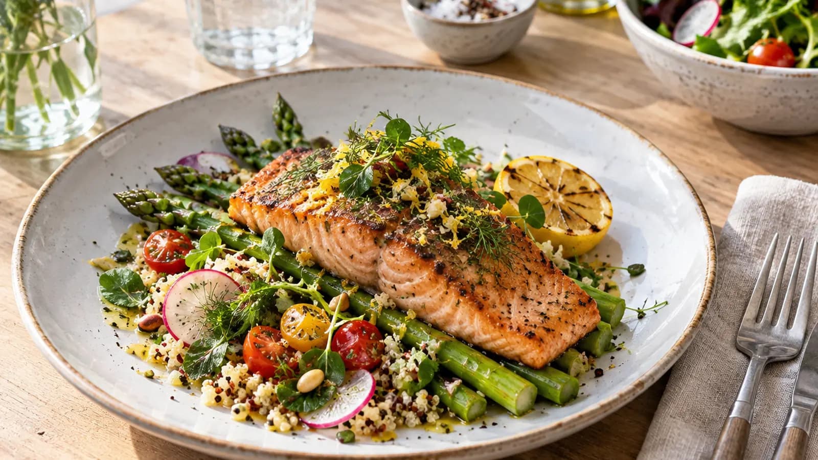 Assiette équilibrée avec légumes rôtis, féculent et source de protéines sur une table éclairée par la lumière naturelle, sans texte ni logo
