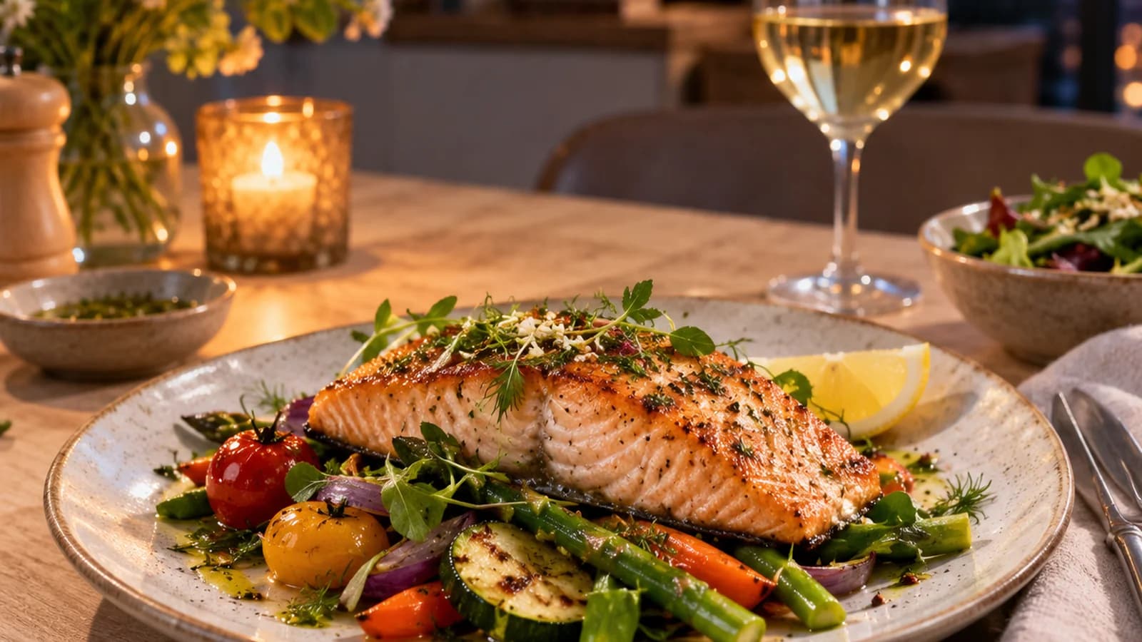 Assiette de dîner équilibré avec légumes rôtis, riz et poisson sur une table éclairée par la lumière naturelle, sans texte ni logo