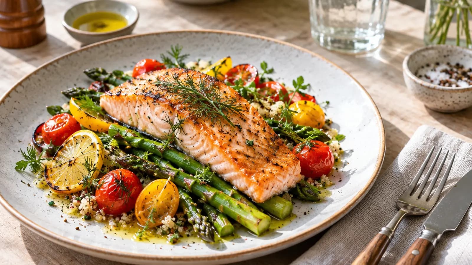 Assiette de légumes rôtis, céréales et œuf dégustée à table, lumière naturelle, sans texte, sans logo et sans visage en gros plan