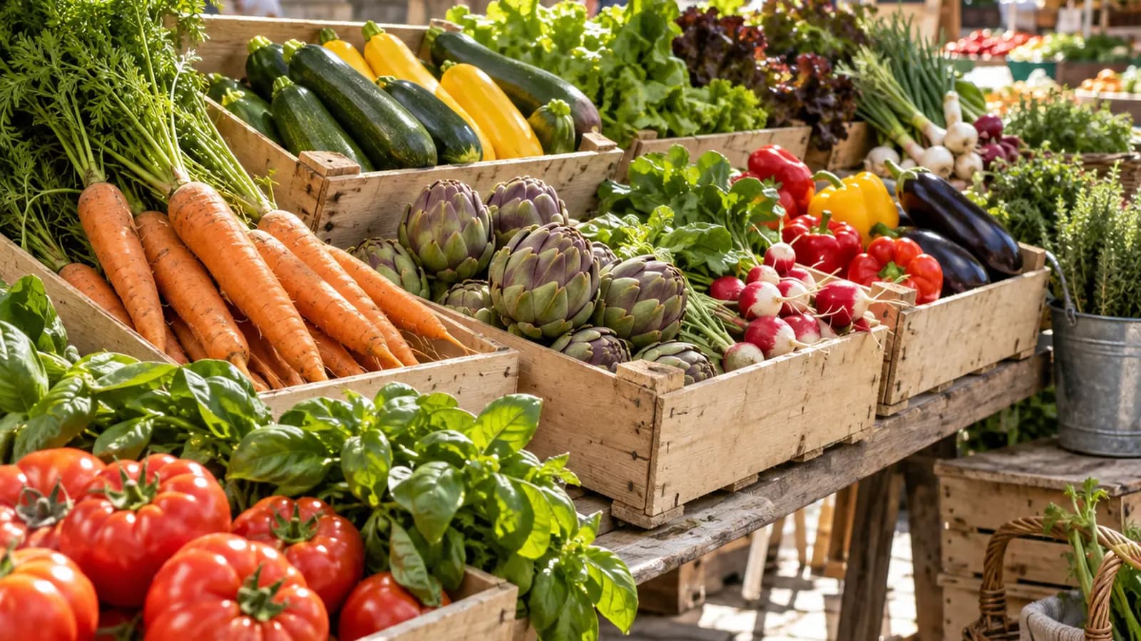 Table en bois avec légumes français de saison, bocaux de conserve et plat mijoté, lumière naturelle, sans texte ni logo
